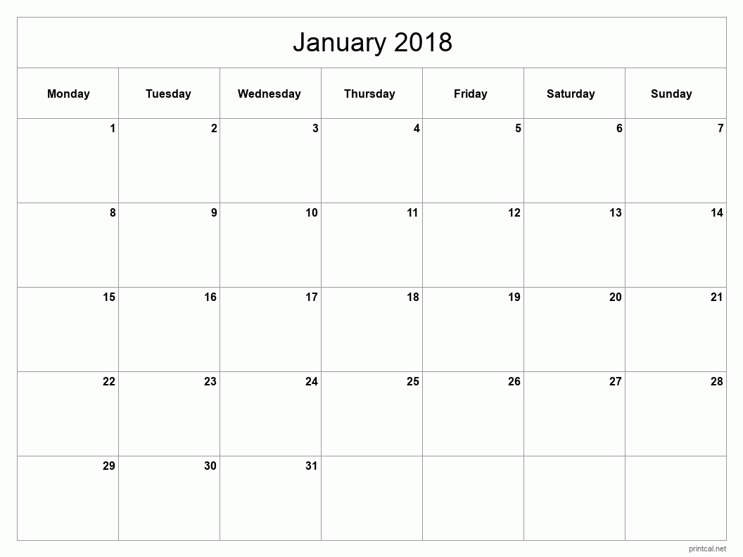 January 2018 Printable Calendar - Classic Blank Sheet