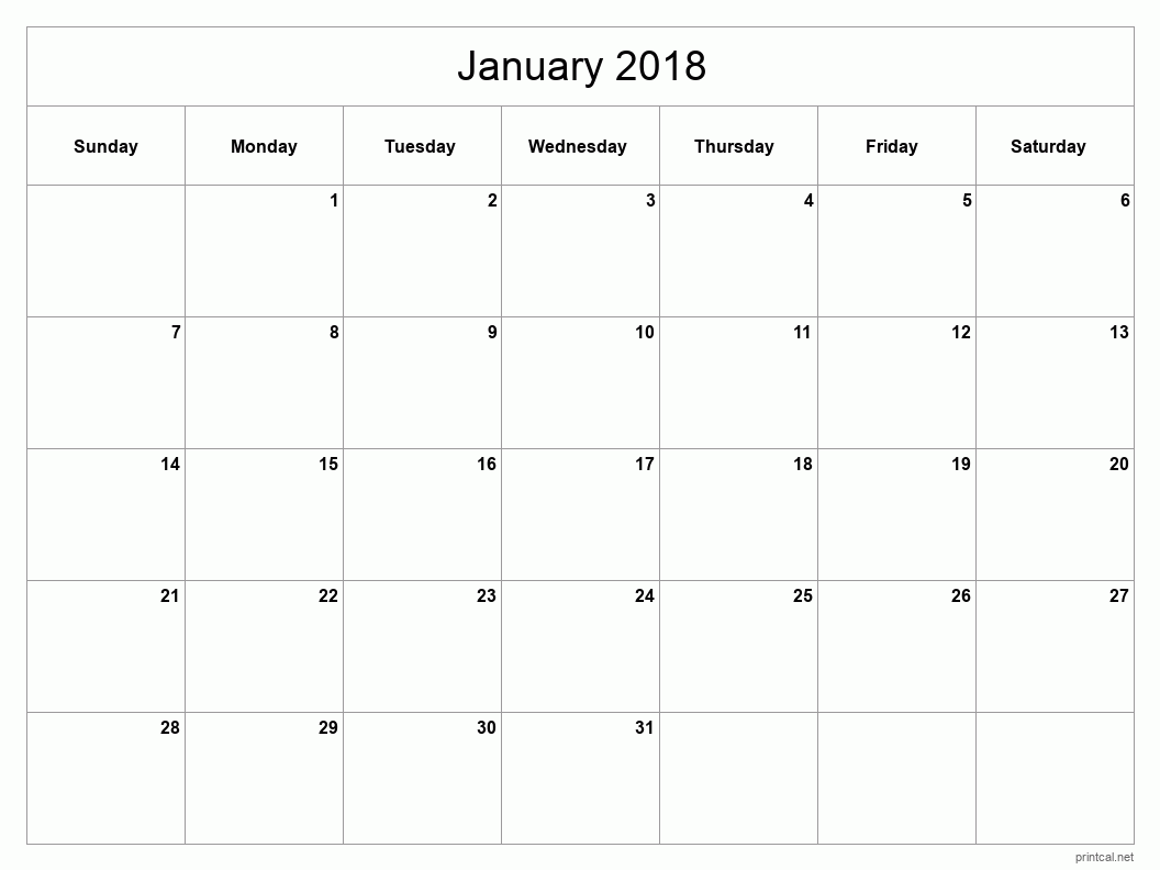 January 2018 Printable Calendar - Classic Blank Sheet