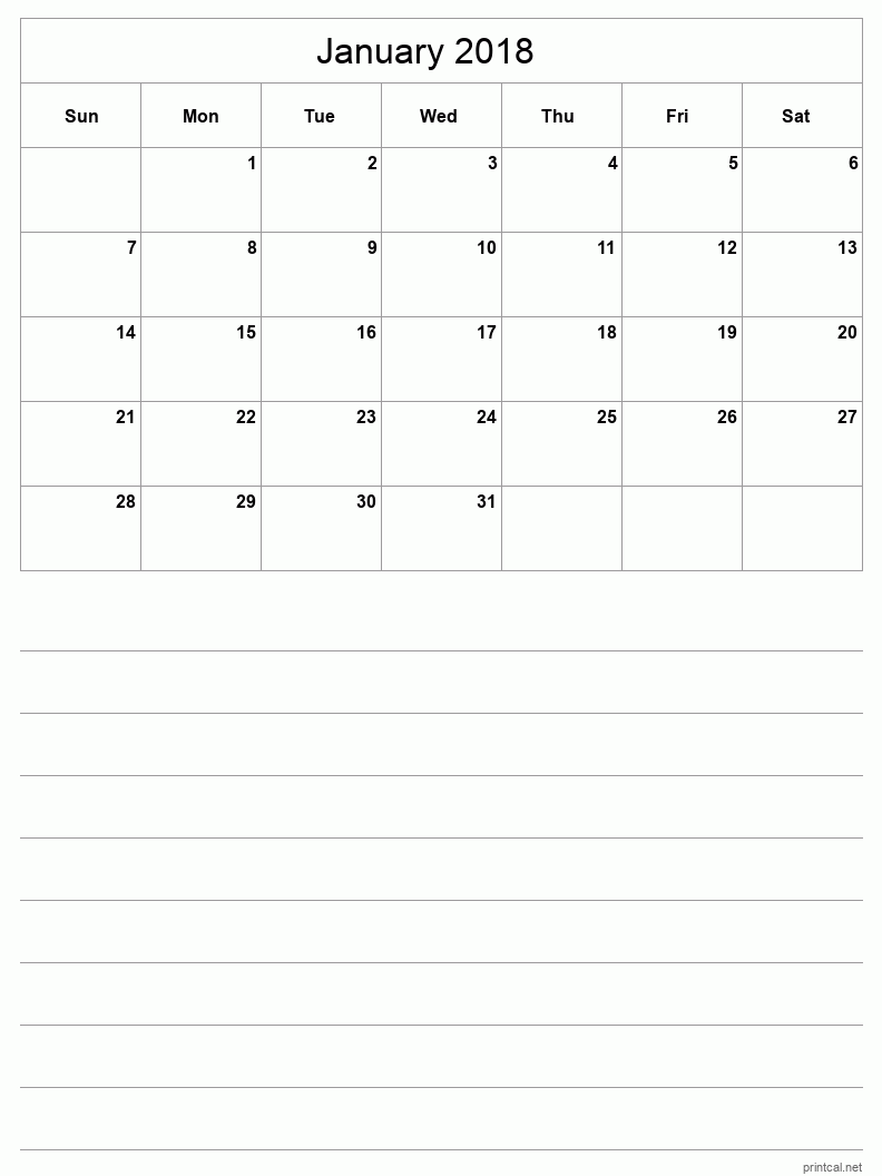 January 2018 Printable Calendar - Half-Page With Notesheet
