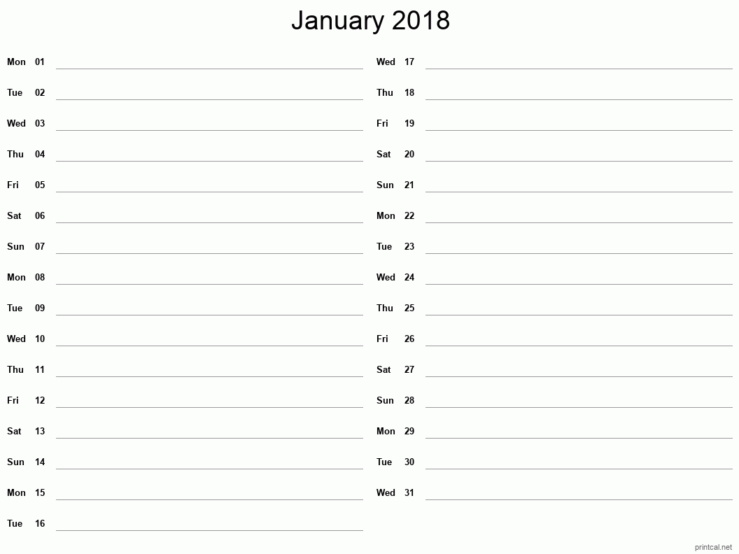 January 2018 Printable Calendar - Two Column Notesheet