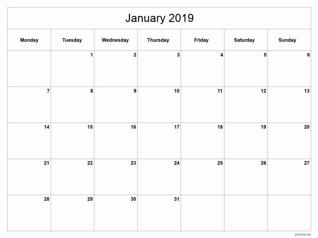January 2019 Printable Calendar - Classic Blank Sheet