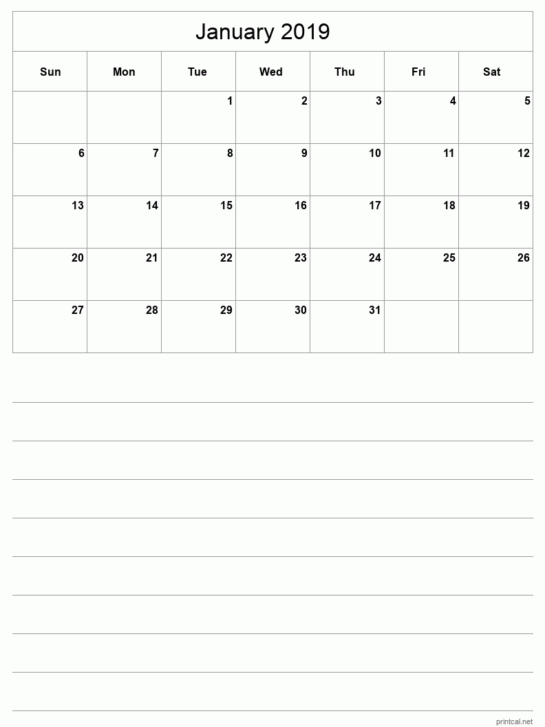 January 2019 Printable Calendar - Half-Page With Notesheet