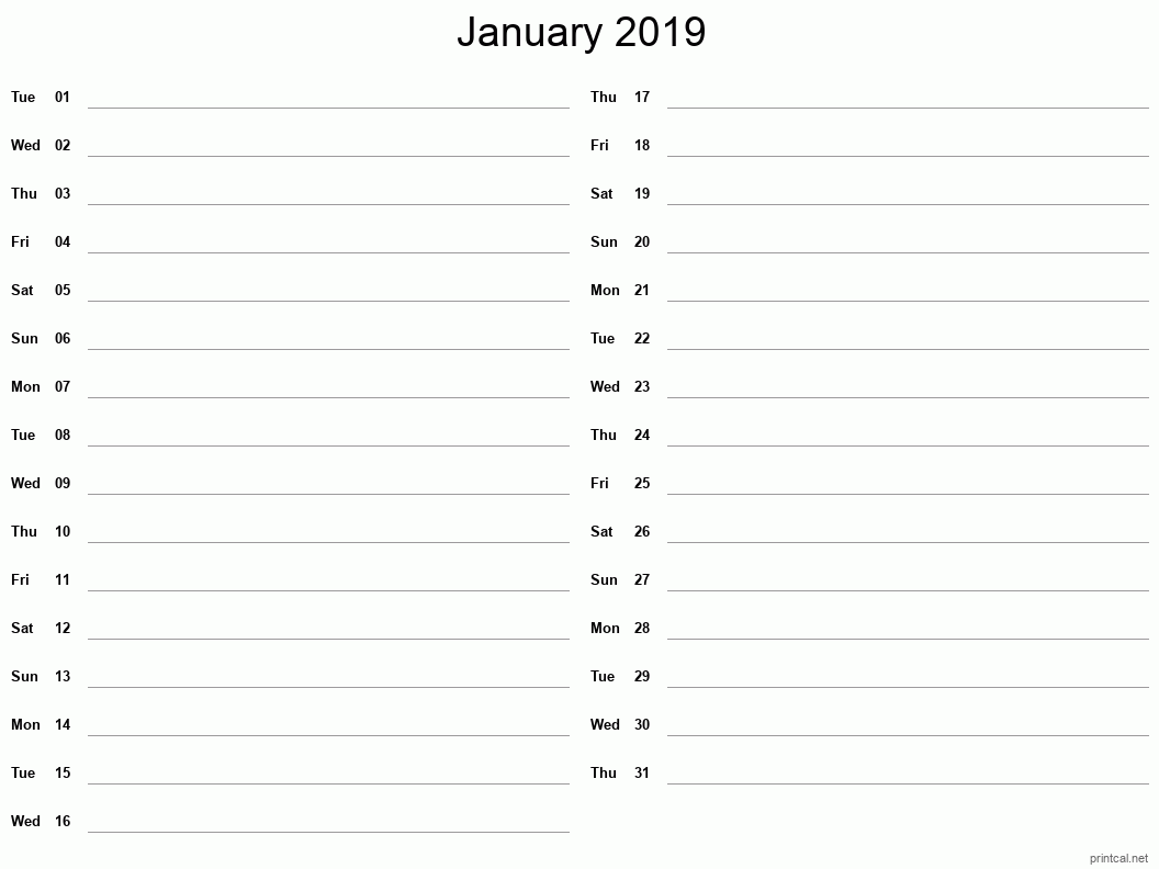 January 2019 Printable Calendar - Two Column Notesheet