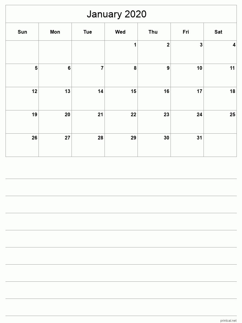 January 2020 Printable Calendar - Half-Page With Notesheet