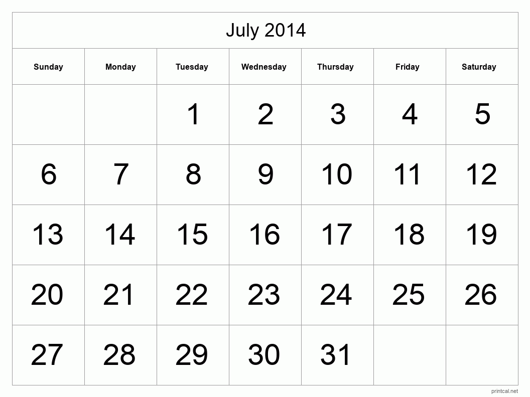 July 2014 Printable Calendar - Big Dates