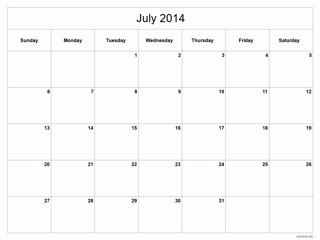 July 2014 Printable Calendar - Classic Blank Sheet