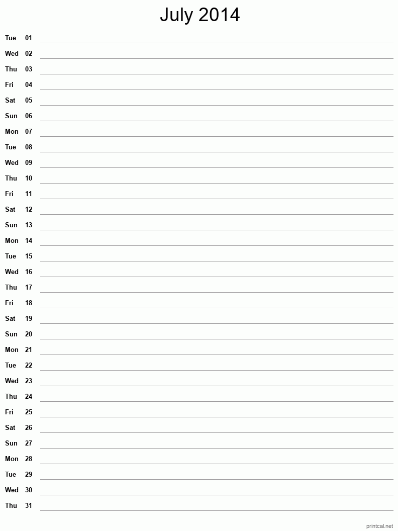 July 2014 Printable Calendar - Single Column Notesheet