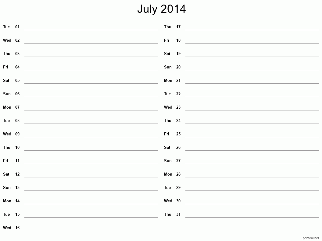July 2014 Printable Calendar - Two Column Notesheet