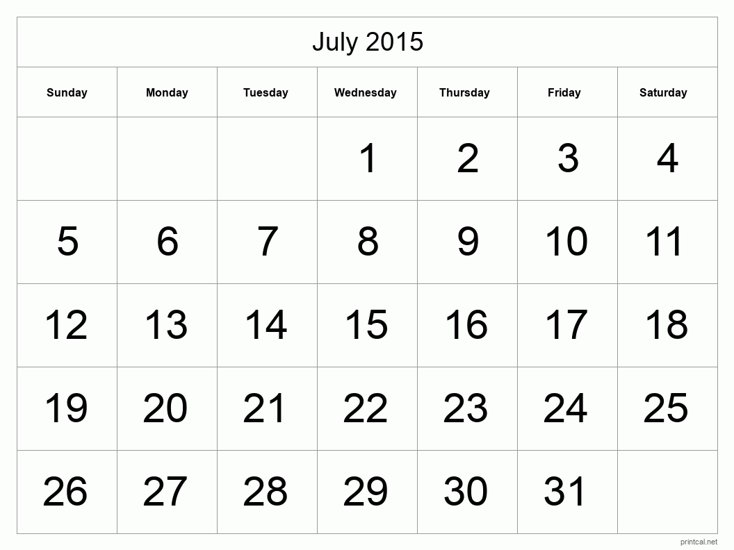 July 2015 Printable Calendar - Big Dates