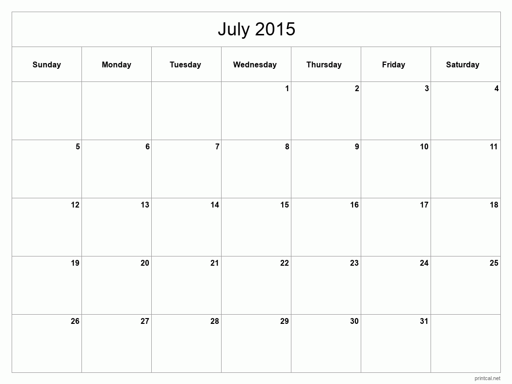 July 2015 Printable Calendar - Classic Blank Sheet