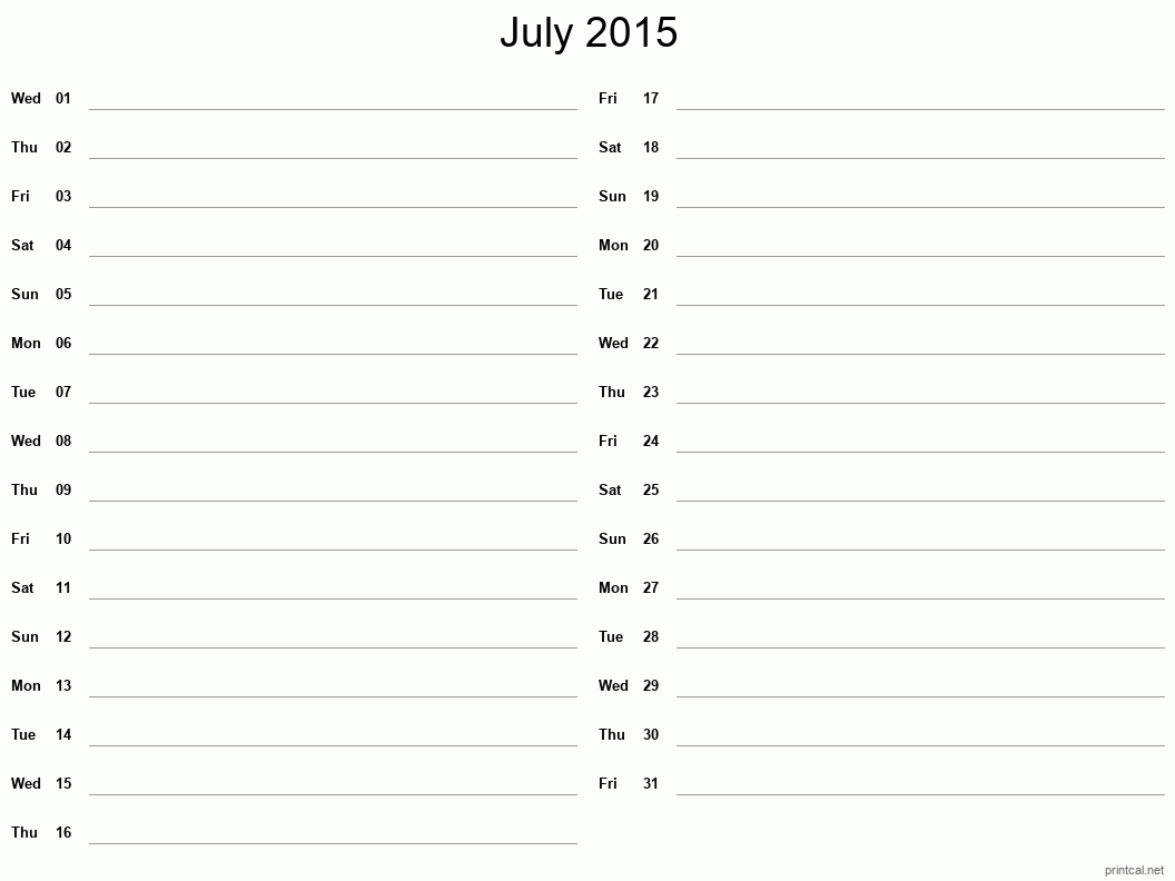 July 2015 Printable Calendar - Two Column Notesheet