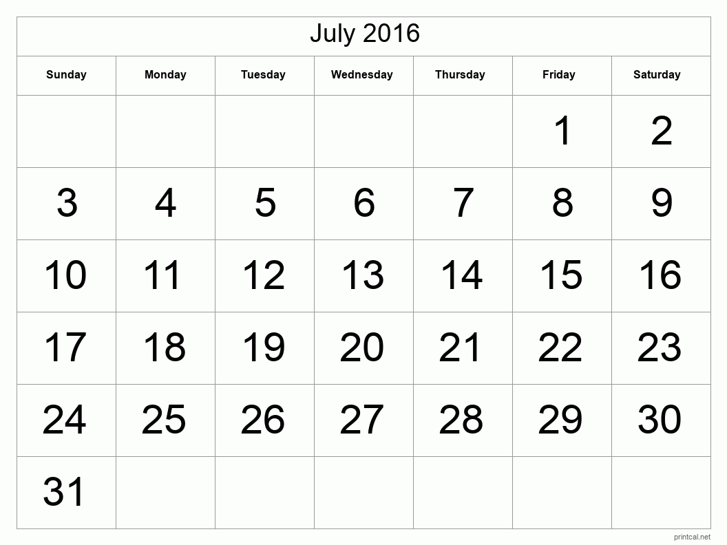 July 2016 Printable Calendar - Big Dates