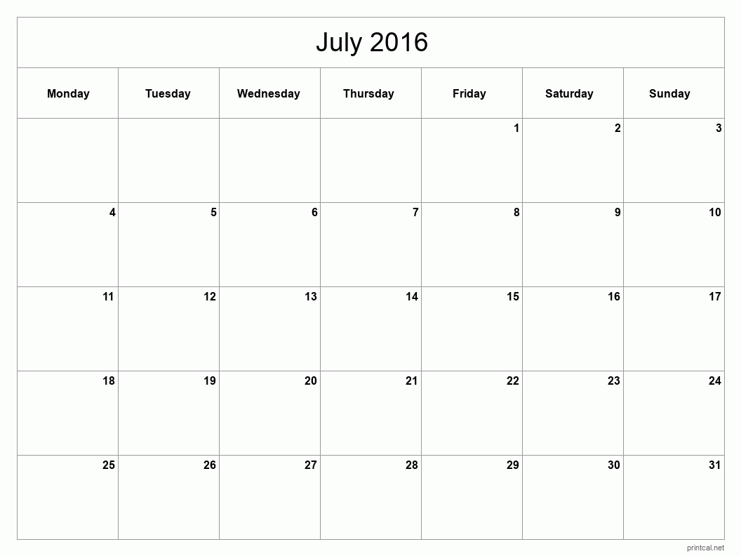 July 2016 Printable Calendar - Classic Blank Sheet
