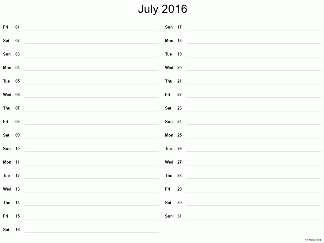 July 2016 Printable Calendar - Two Column Notesheet