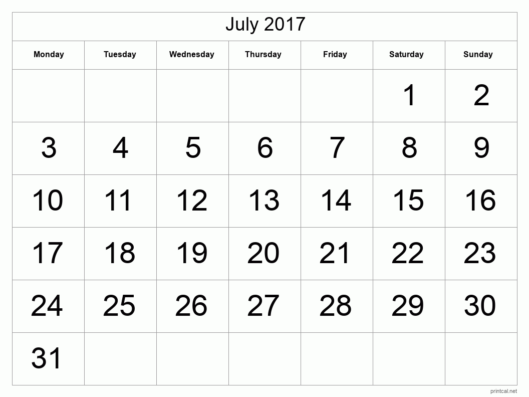 July 2017 Printable Calendar - Big Dates