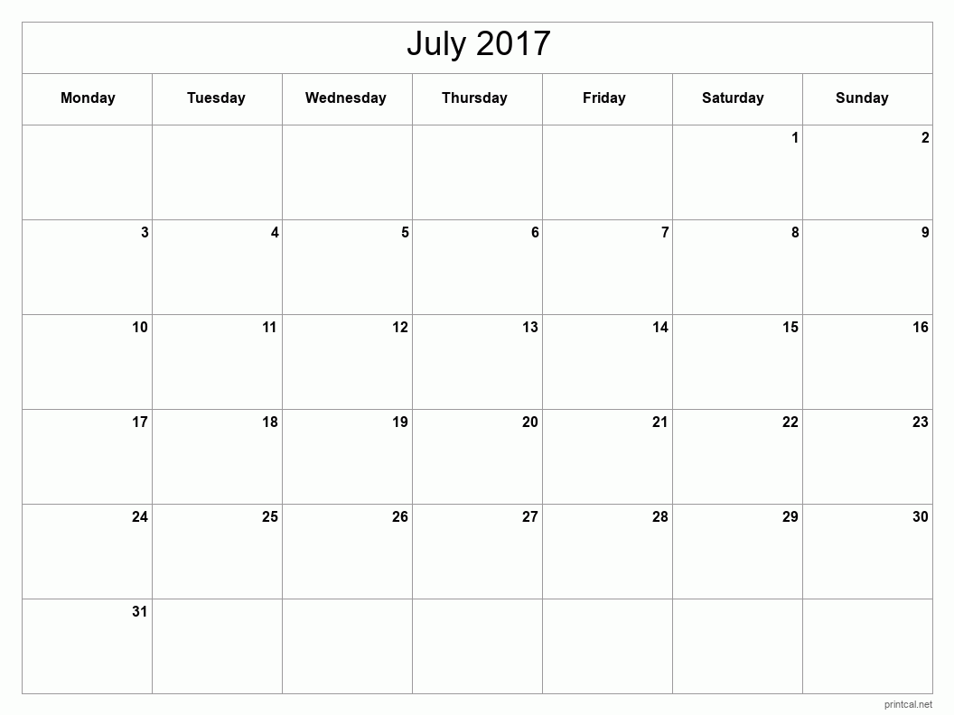 July 2017 Printable Calendar - Classic Blank Sheet
