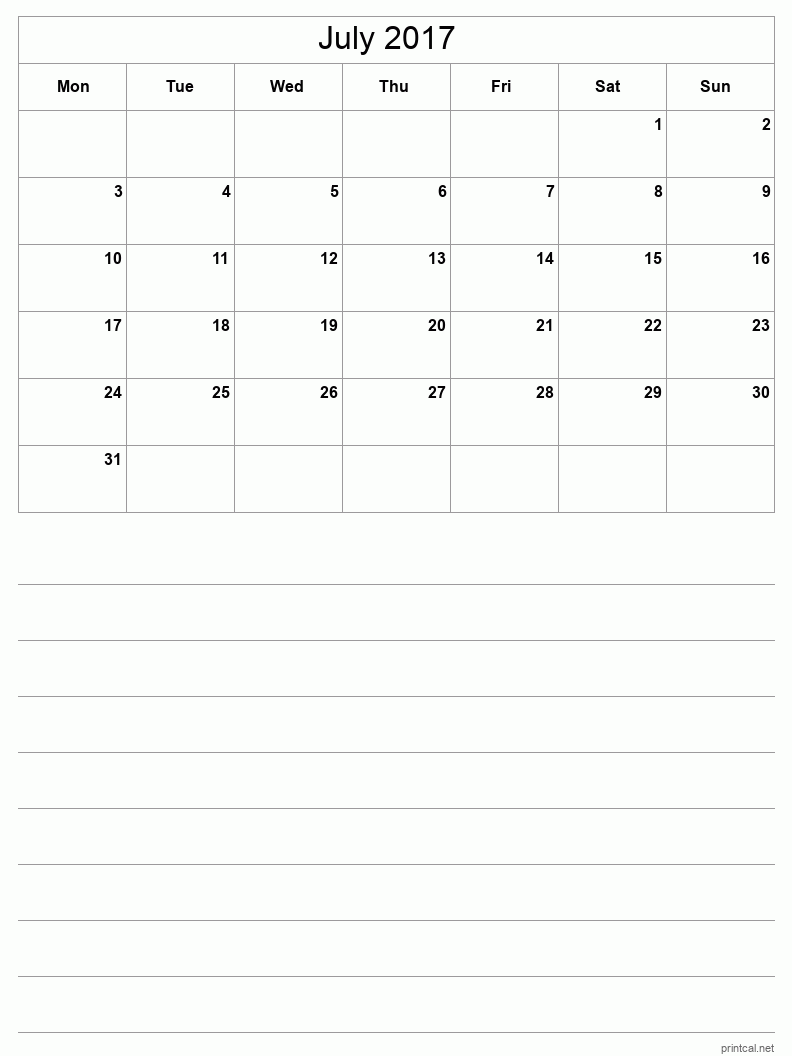 July 2017 Printable Calendar - Half-Page With Notesheet