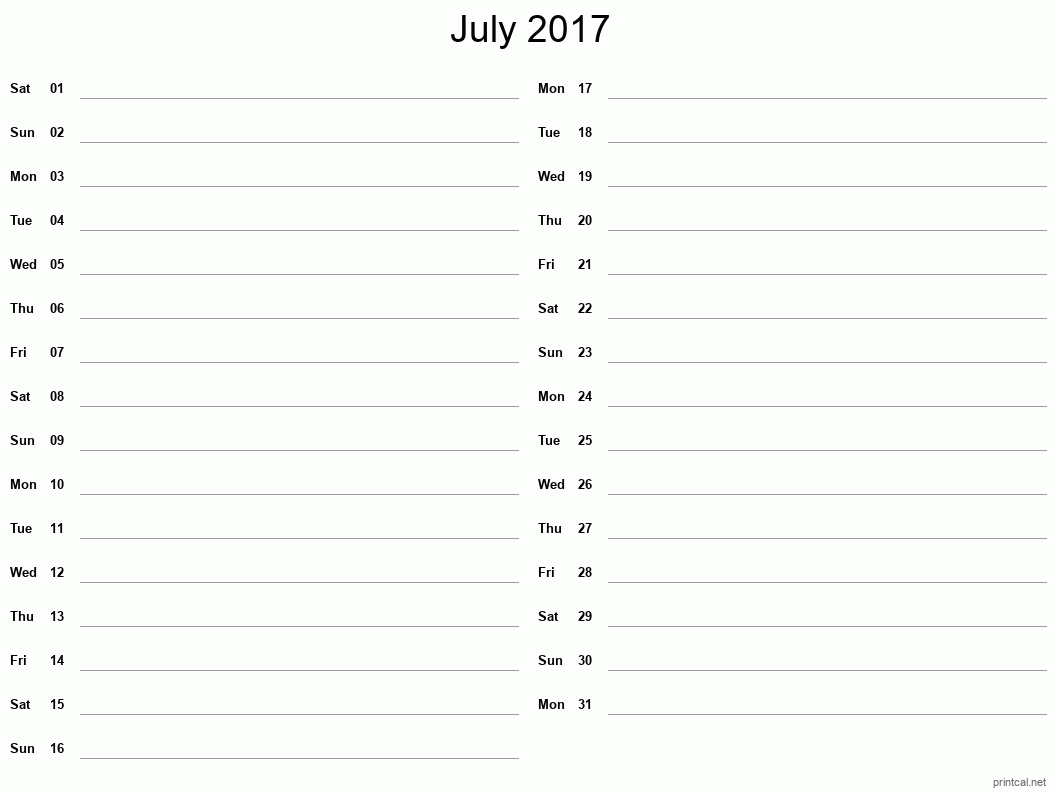 July 2017 Printable Calendar - Two Column Notesheet