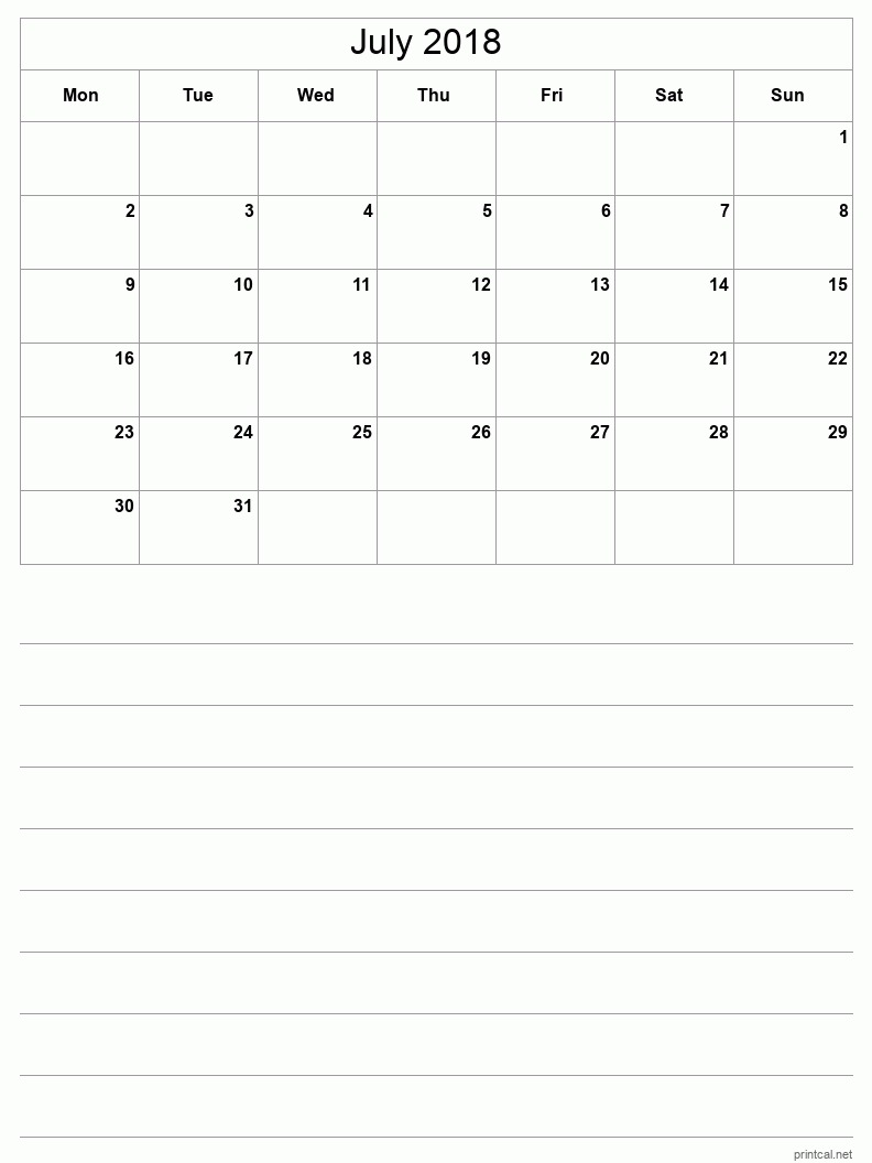July 2018 Printable Calendar - Half-Page With Notesheet