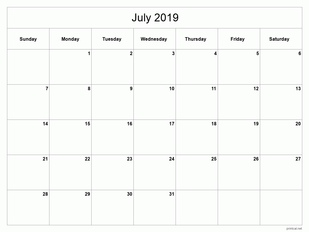 July 2019 Printable Calendar - Classic Blank Sheet