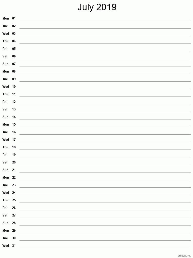 July 2019 Printable Calendar - Single Column Notesheet