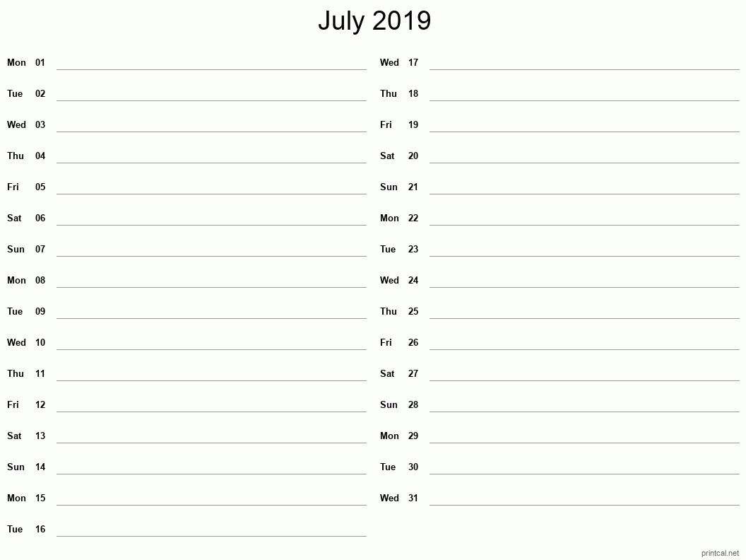 July 2019 Printable Calendar - Two Column Notesheet