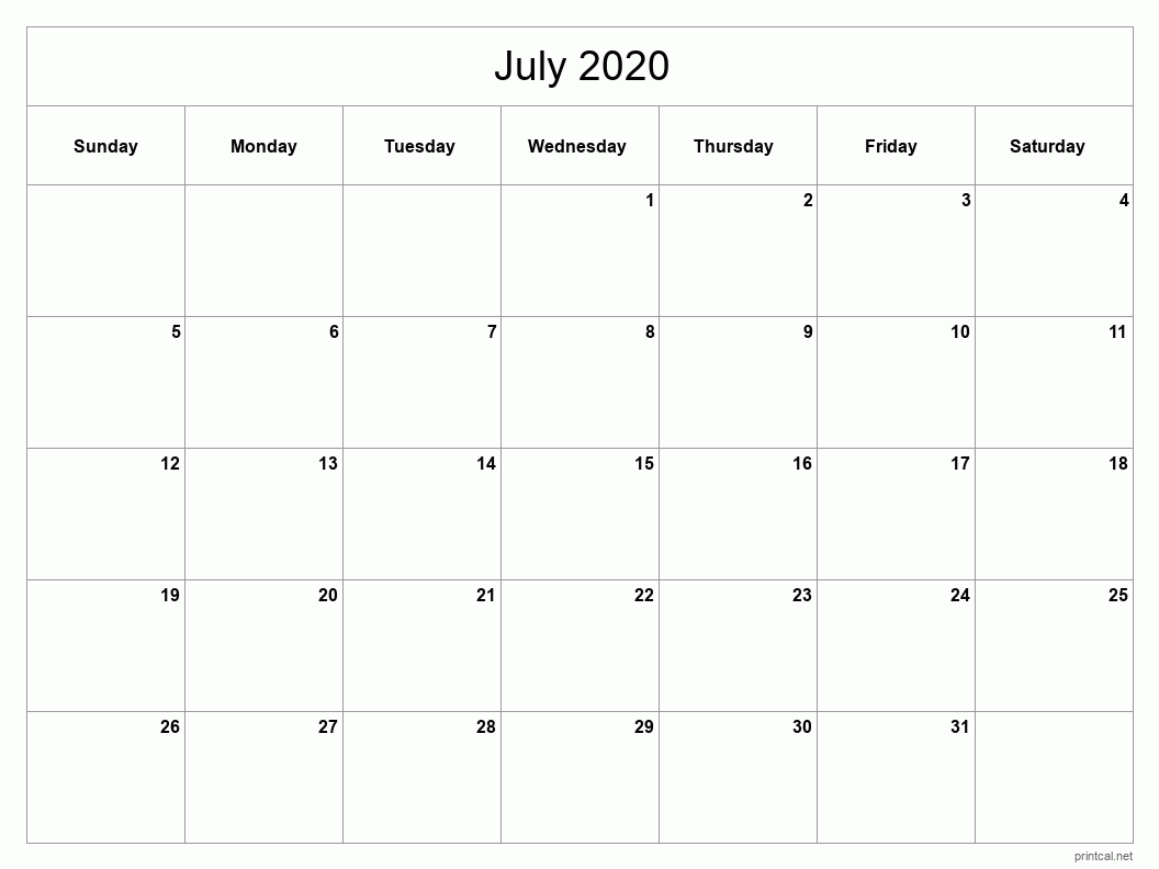 July 2020 Printable Calendar - Classic Blank Sheet