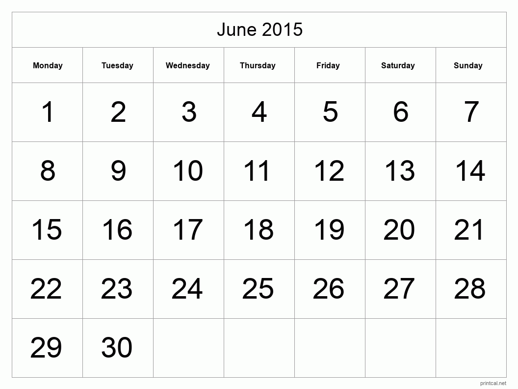 June 2015 Printable Calendar - Big Dates