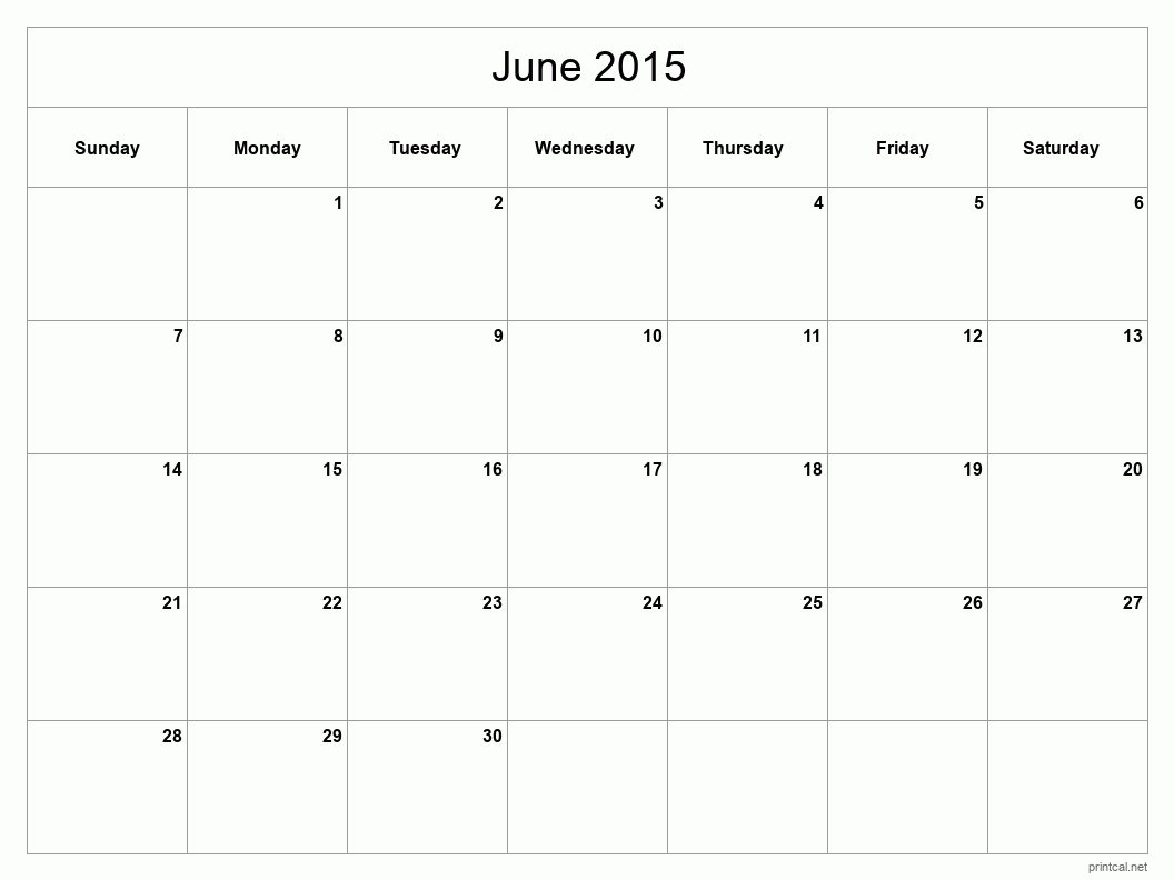 June 2015 Printable Calendar - Classic Blank Sheet