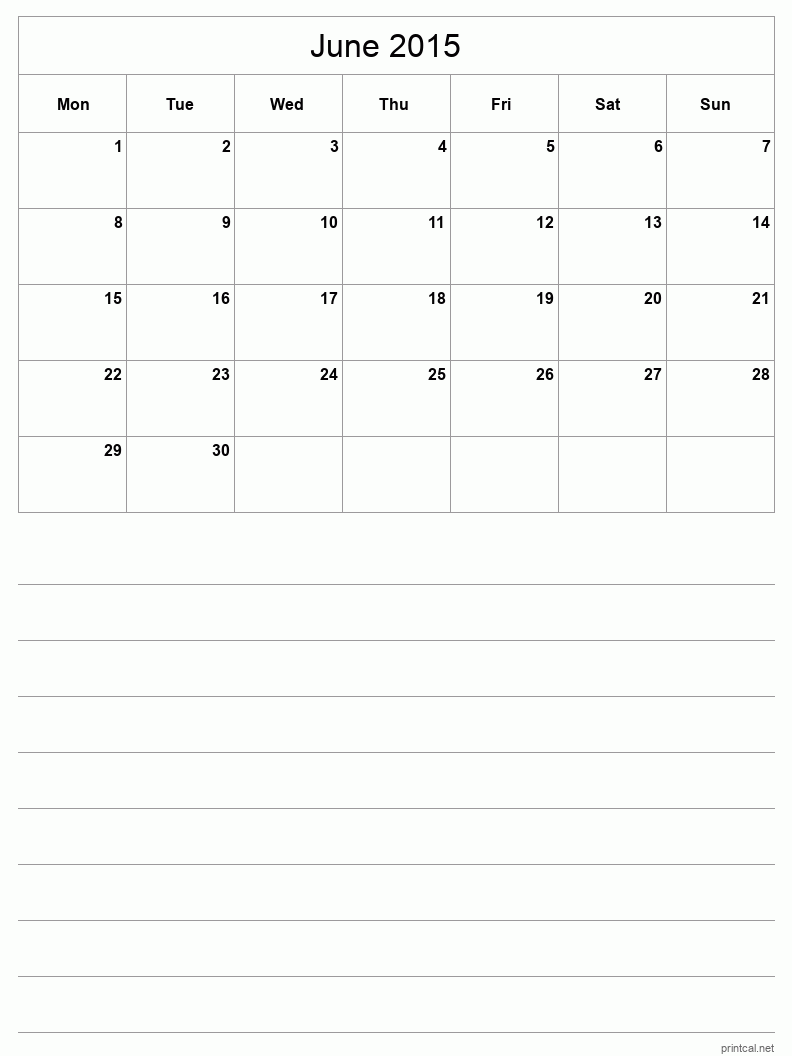 June 2015 Printable Calendar - Half-Page With Notesheet