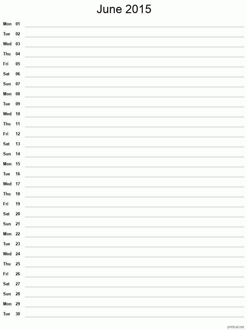 June 2015 Printable Calendar - Single Column Notesheet
