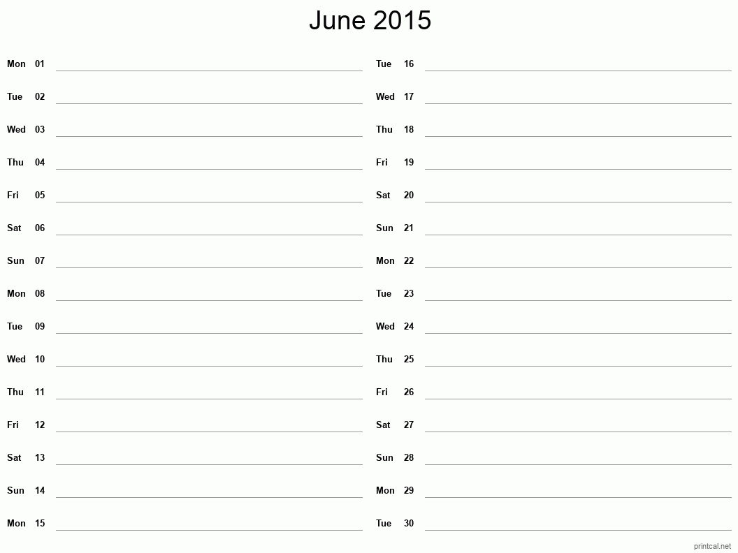 June 2015 Printable Calendar - Two Column Notesheet