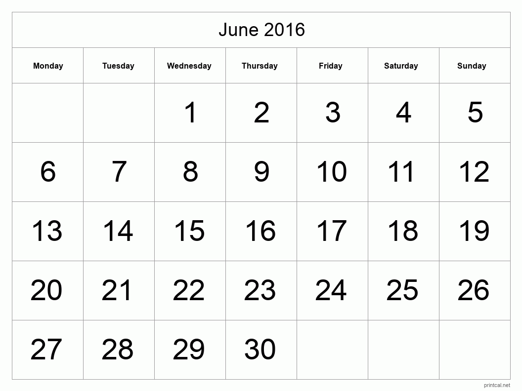 June 2016 Printable Calendar - Big Dates