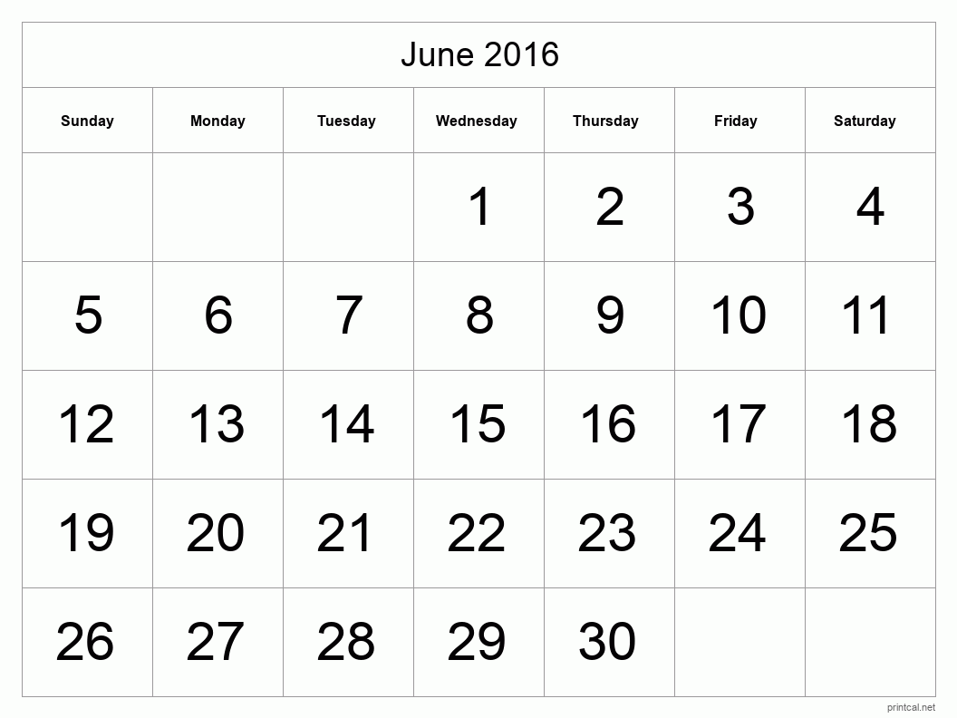 June 2016 Printable Calendar - Big Dates