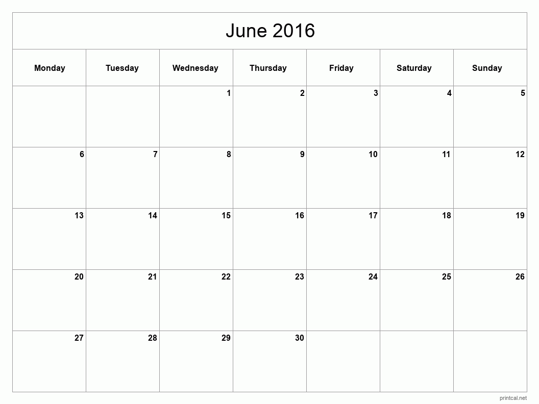 June 2016 Printable Calendar - Classic Blank Sheet
