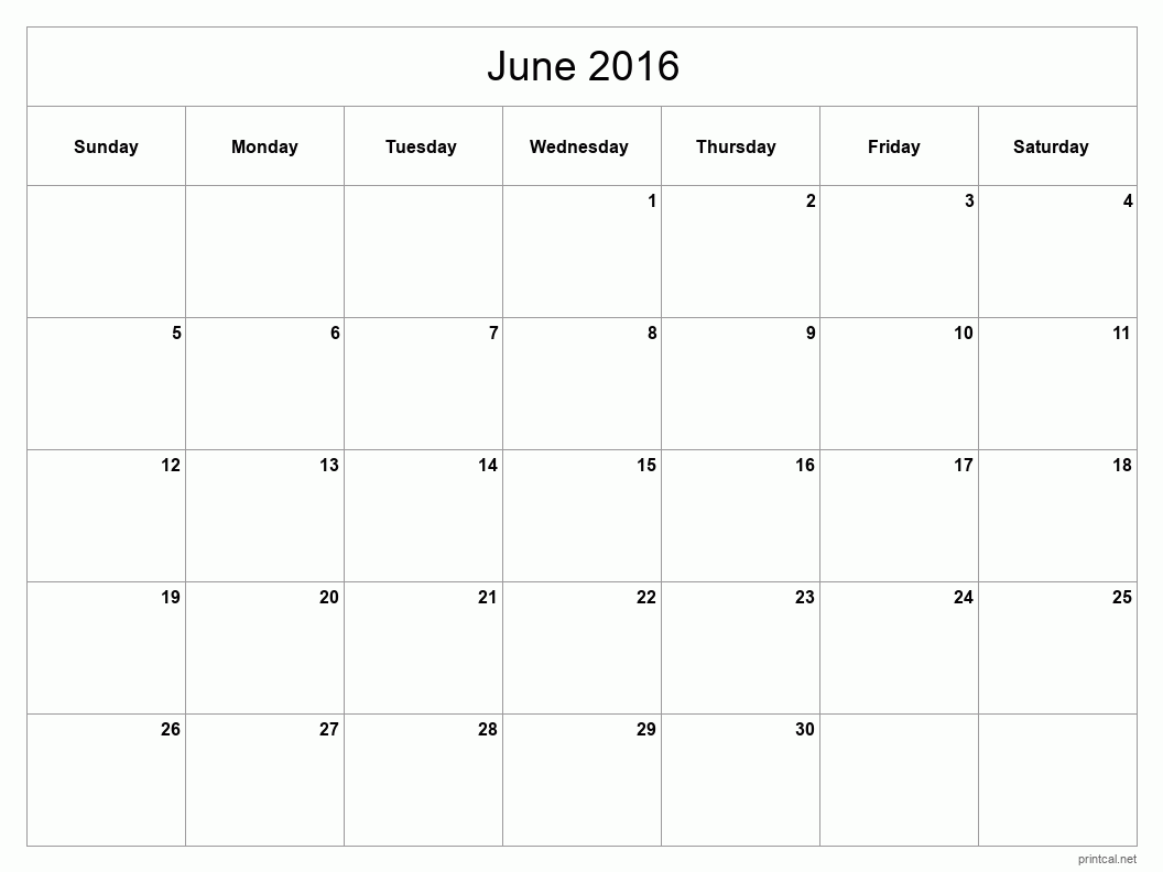 June 2016 Printable Calendar - Classic Blank Sheet