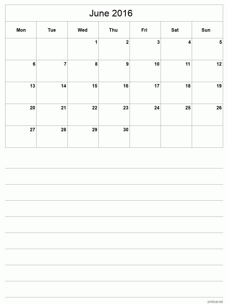 June 2016 Printable Calendar - Half-Page With Notesheet