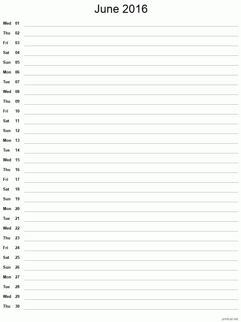June 2016 Printable Calendar - Single Column Notesheet