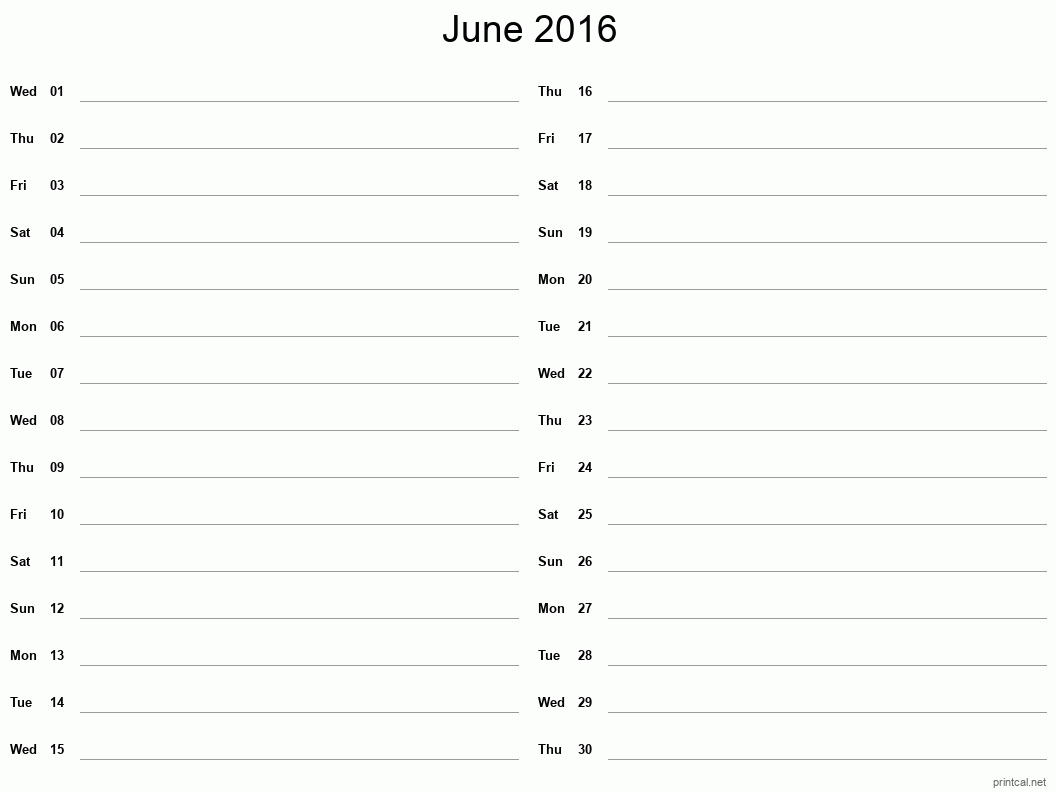 June 2016 Printable Calendar - Two Column Notesheet