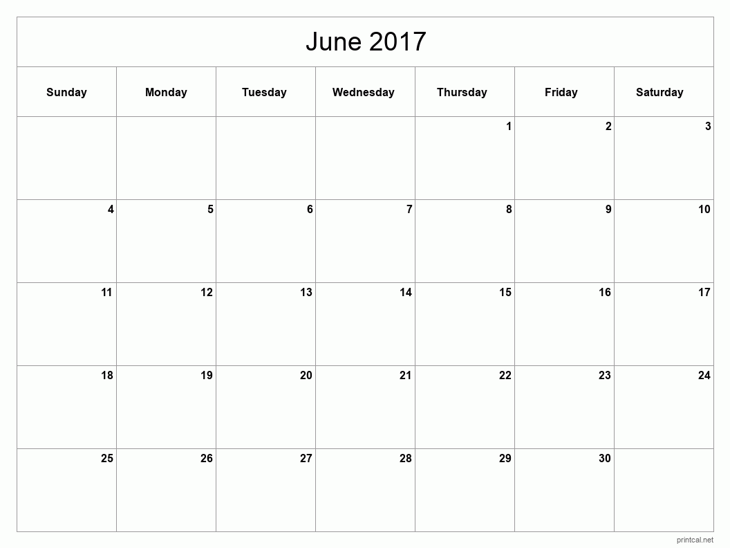 June 2017 Printable Calendar - Classic Blank Sheet