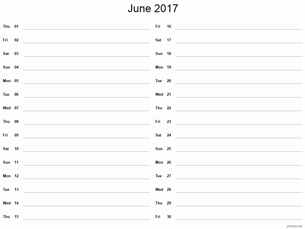 June 2017 Printable Calendar - Two Column Notesheet