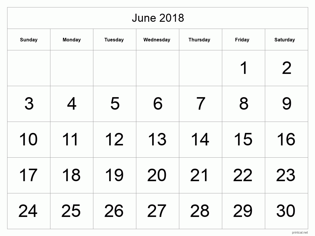 June 2018 Printable Calendar - Big Dates