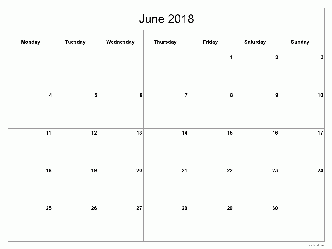 June 2018 Printable Calendar - Classic Blank Sheet