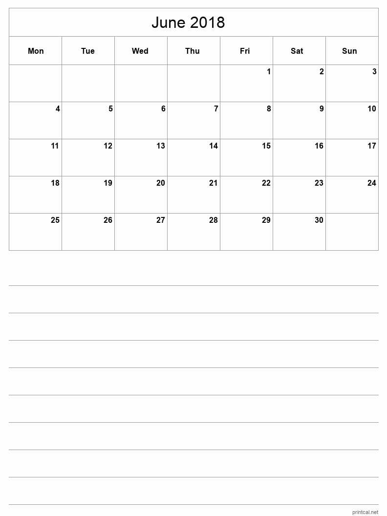 June 2018 Printable Calendar - Half-Page With Notesheet