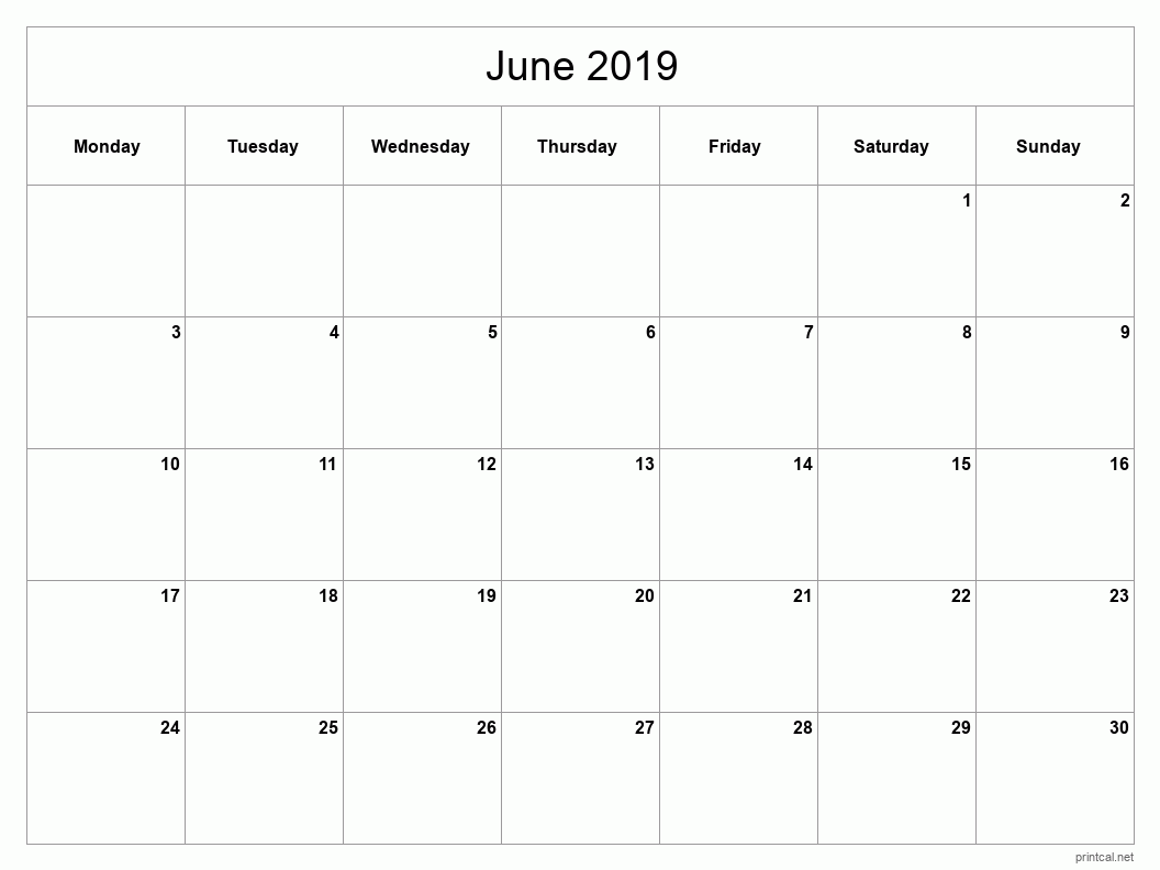 June 2019 Printable Calendar - Classic Blank Sheet