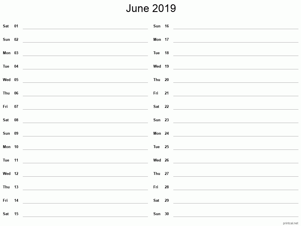 June 2019 Printable Calendar - Two Column Notesheet