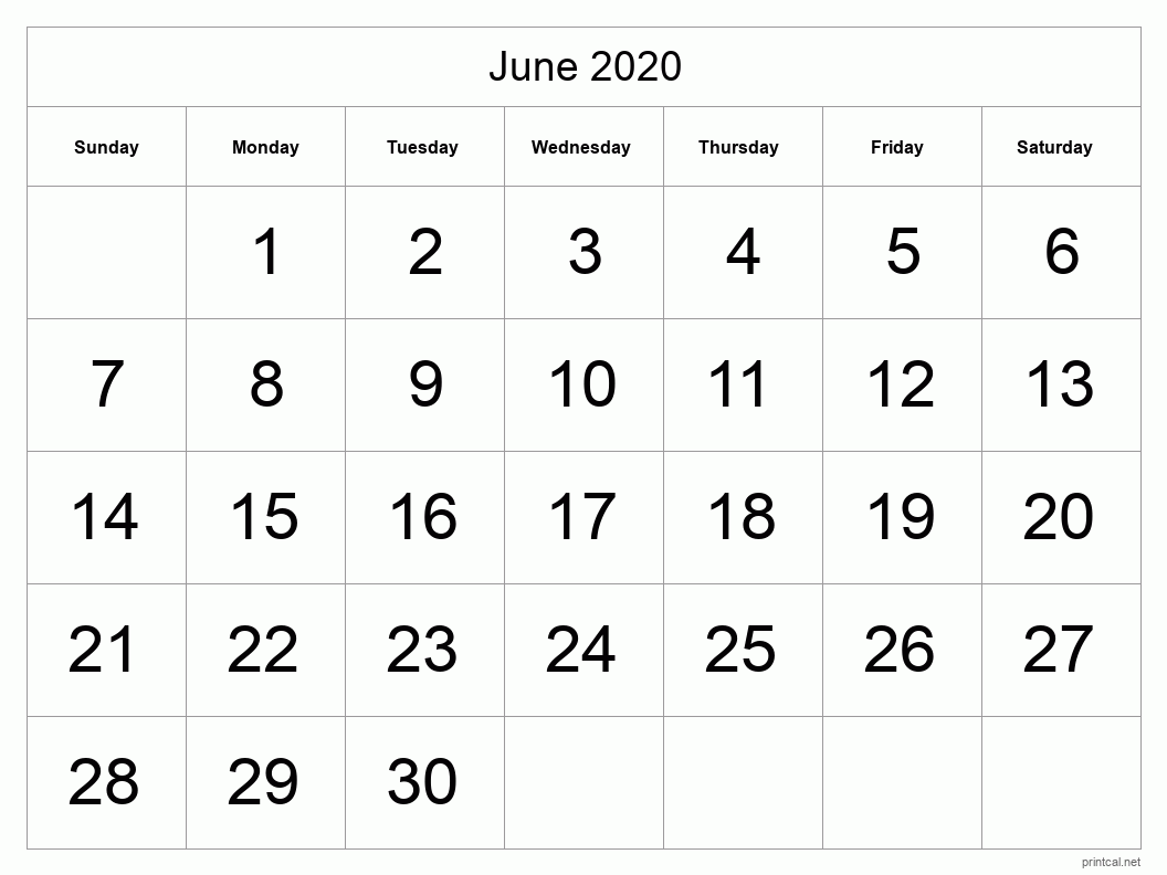 June 2020 Printable Calendar - Big Dates