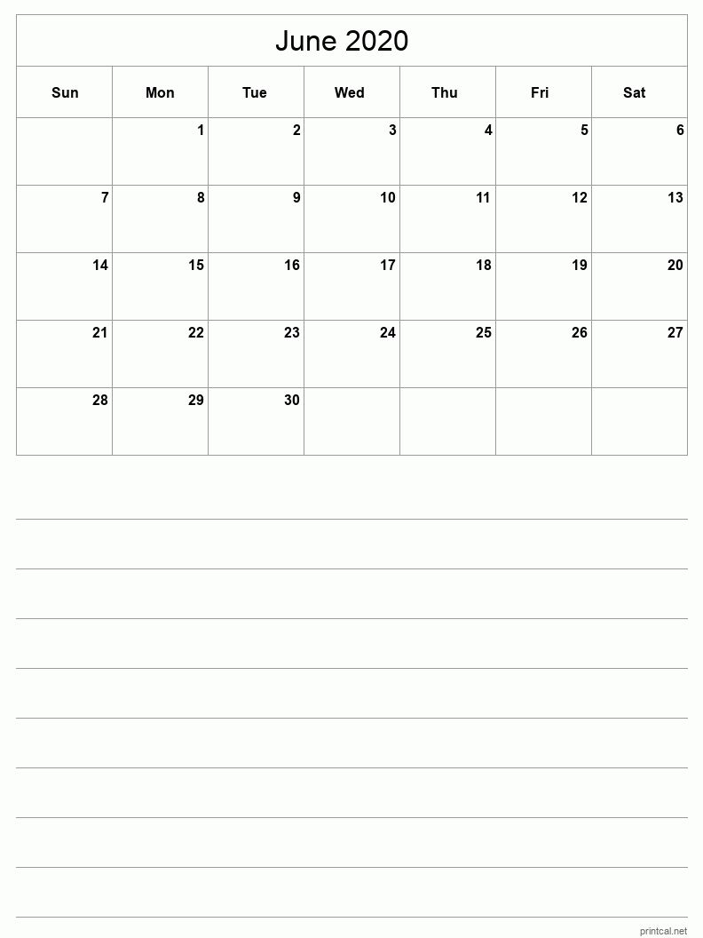 June 2020 Printable Calendar - Half-Page With Notesheet