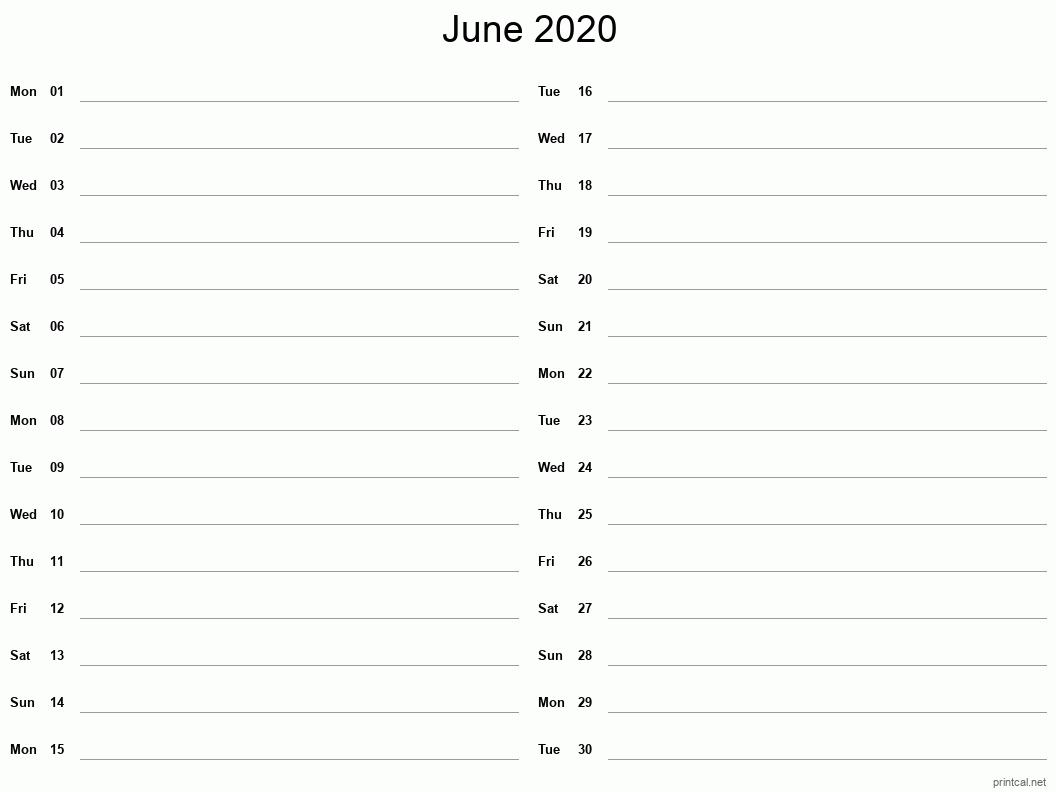 June 2020 Printable Calendar - Two Column Notesheet