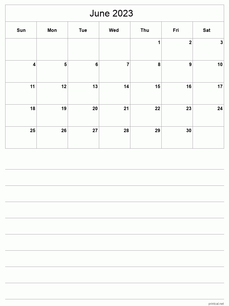 June 2023 Printable Calendar - Half-Page With Notesheet